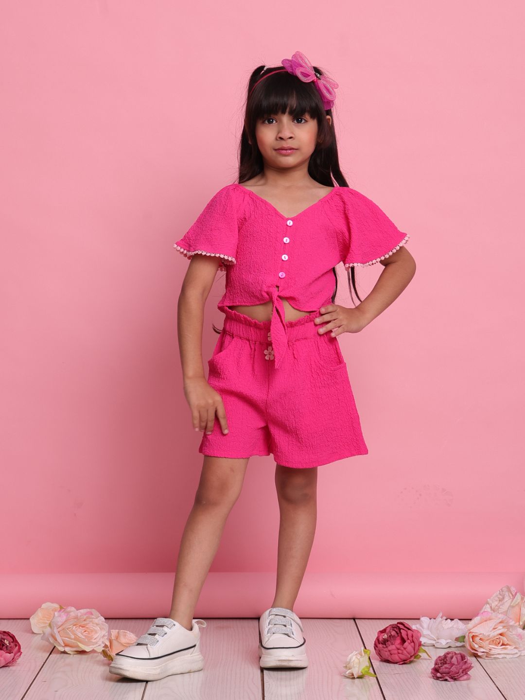 girls-magenta-co-ord-set-with-front-knot-top-shorts-summer-casual-outfit