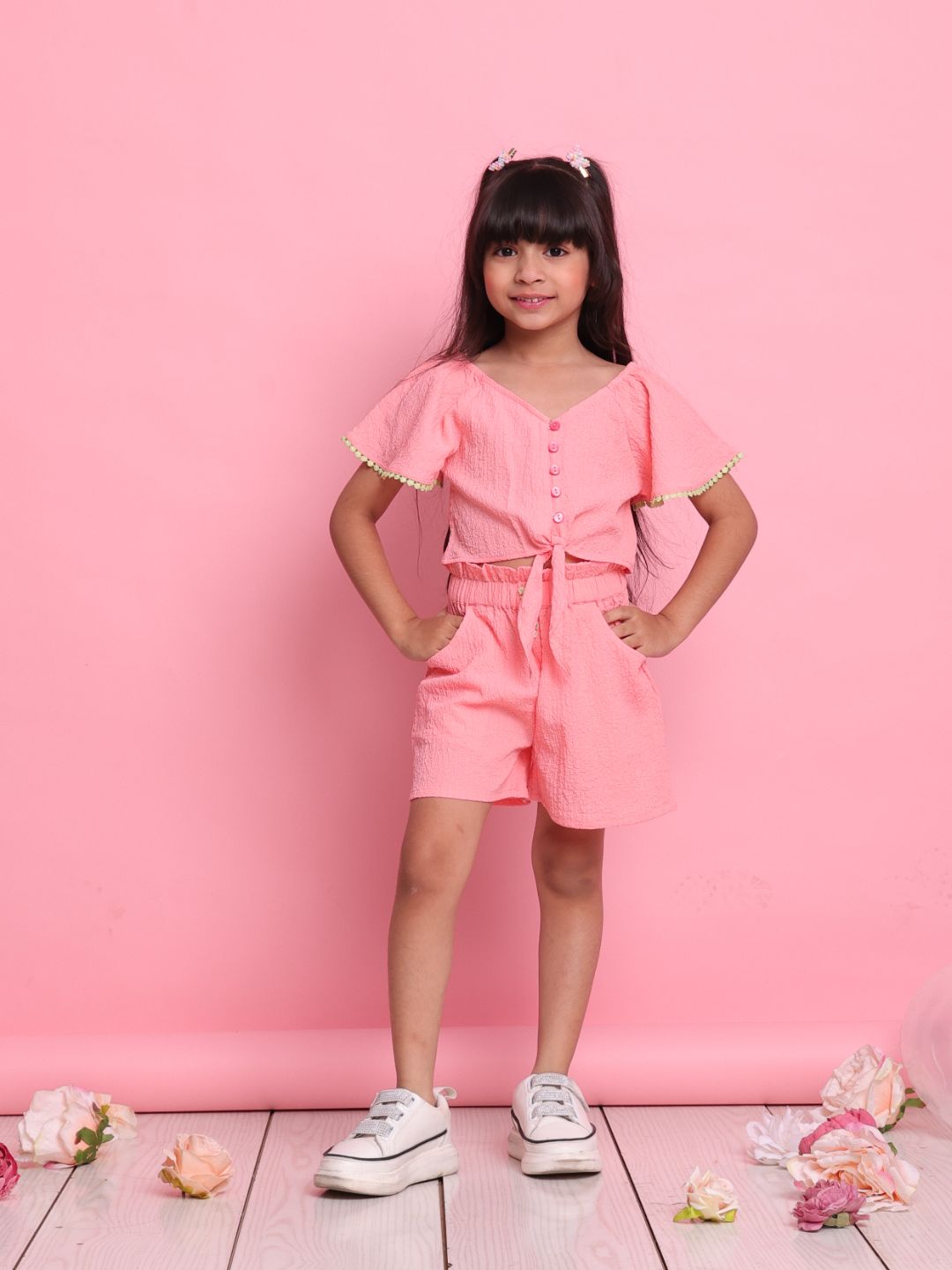 girls-peach-co-ord-set-with-short-sleeve-front-knot-top-matching-shorts-summer-casual-wear