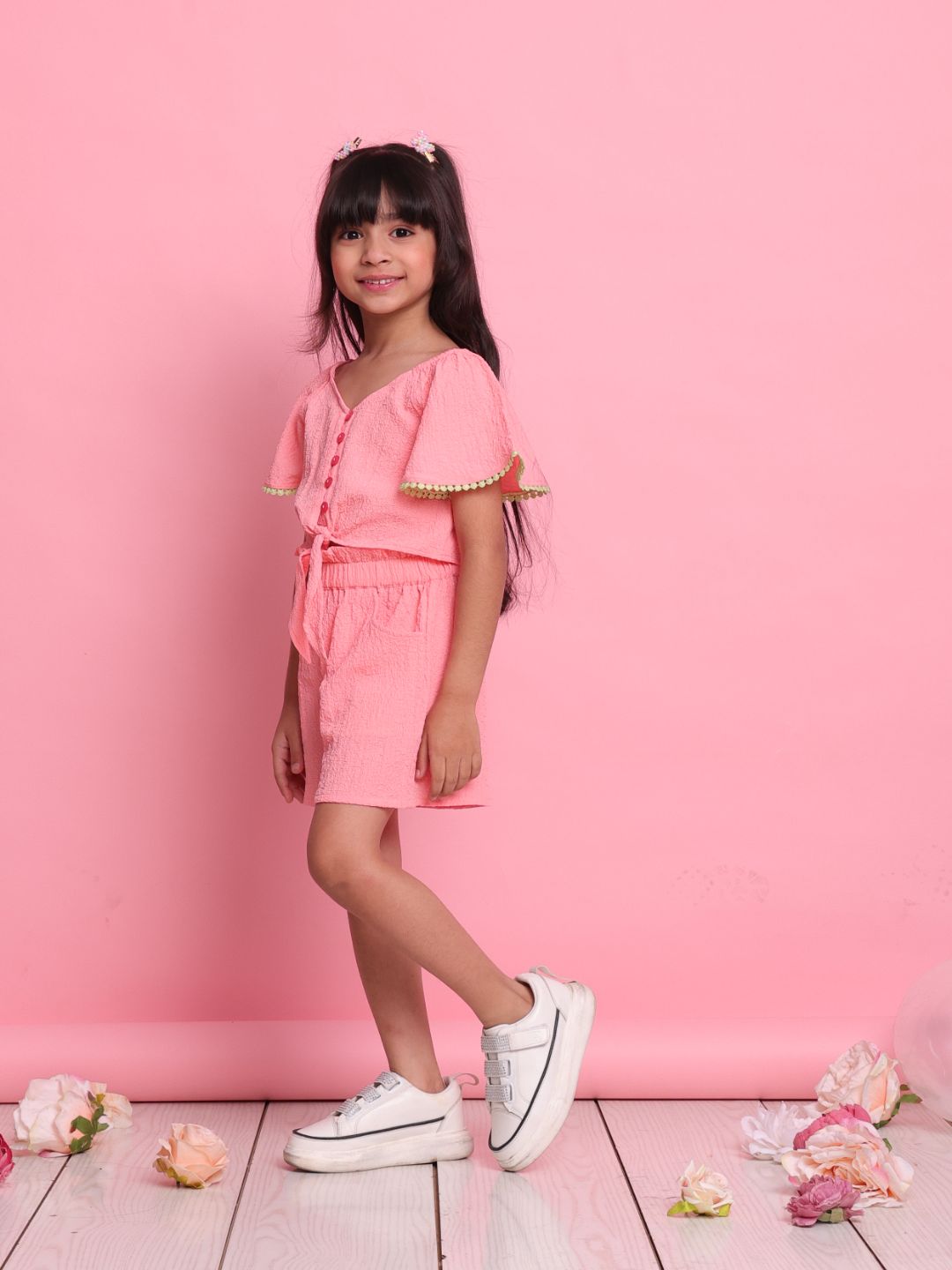 girls-peach-co-ord-set-with-short-sleeve-front-knot-top-matching-shorts-summer-casual-wear
