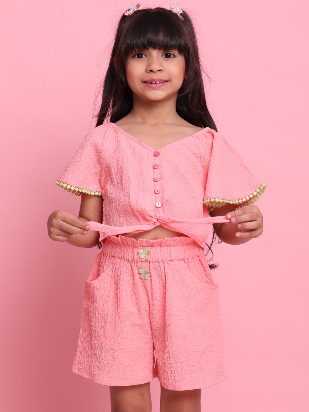 girls-peach-co-ord-set-with-short-sleeve-front-knot-top-matching-shorts-summer-casual-wear