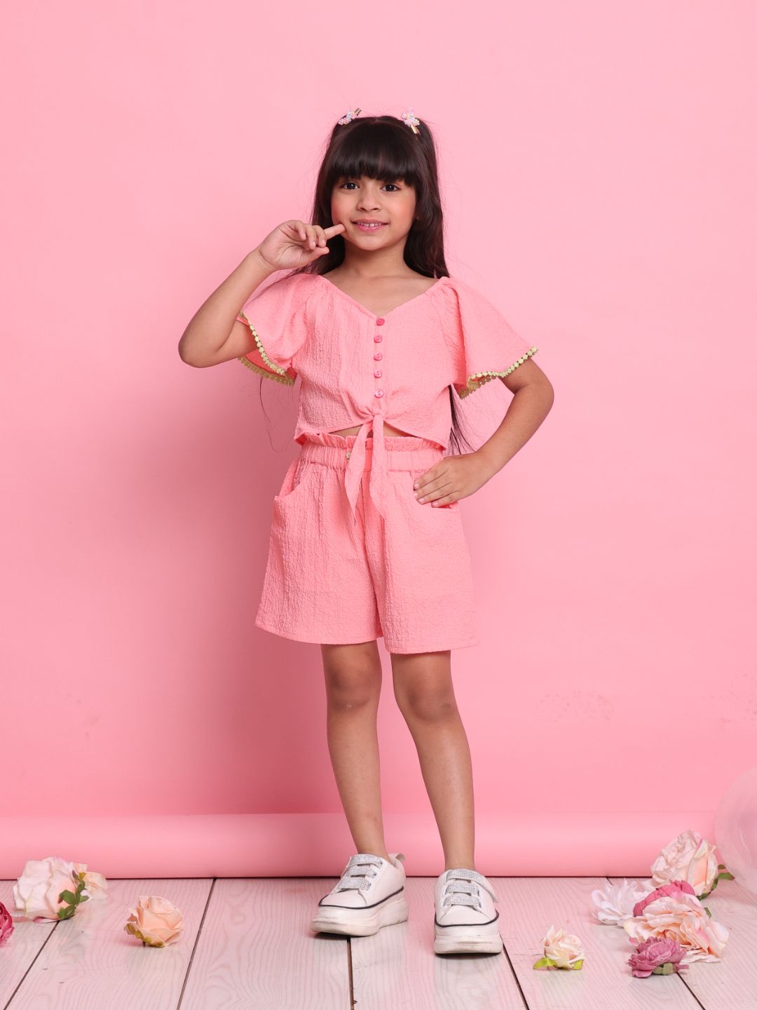 girls-peach-co-ord-set-with-short-sleeve-front-knot-top-matching-shorts-summer-casual-wear