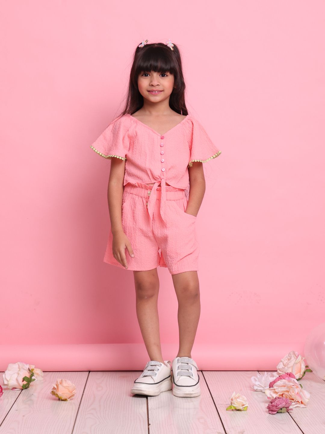 girls-peach-co-ord-set-with-short-sleeve-front-knot-top-matching-shorts-summer-casual-wear