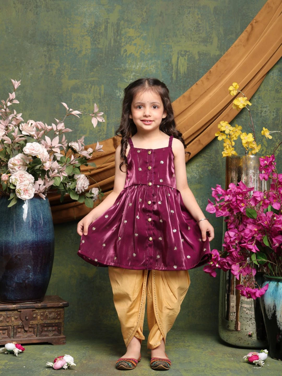 girls-plum-purple-silk-kurti-with-mustard