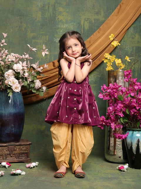 girls-plum-purple-silk-kurti-with-mustard