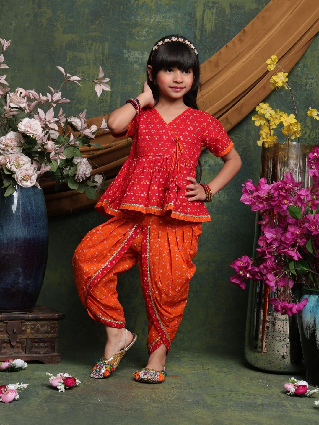 girls-red-orange-bandhani-dhoti-kurti-set-festive-ethnic-wear-saka-designs