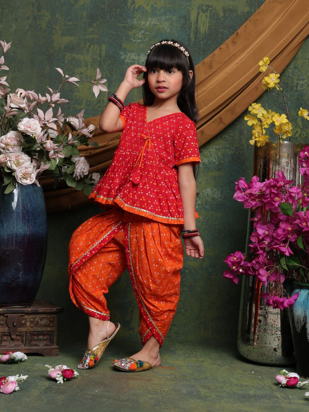 girls-red-orange-bandhani-dhoti-kurti-set-festive-ethnic-wear-saka-designs