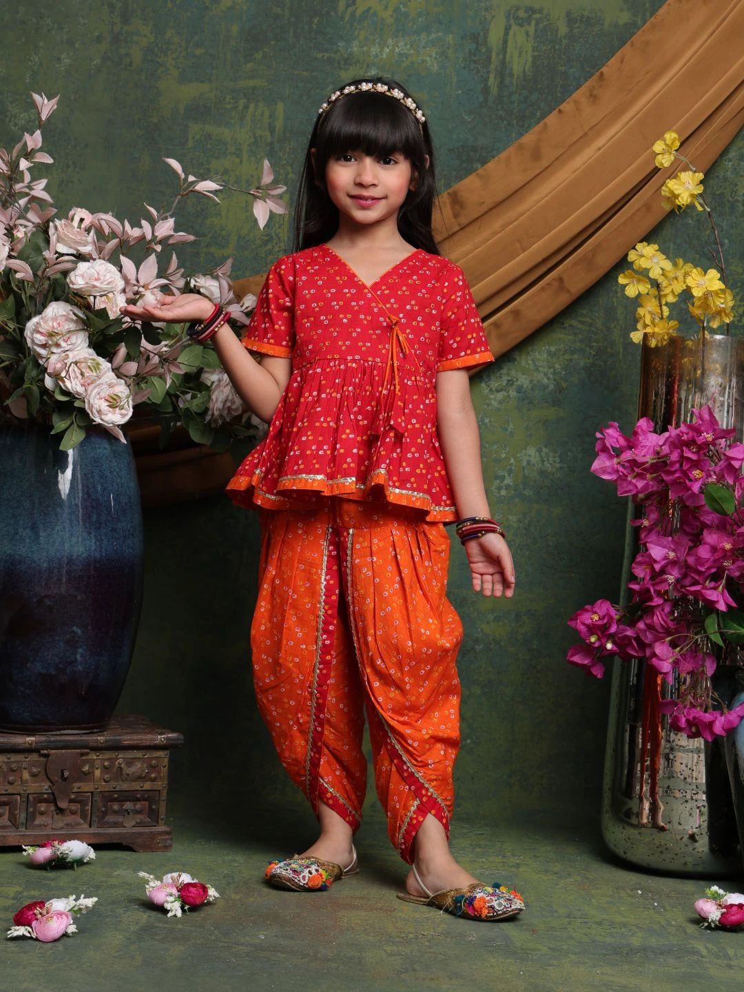 girls-red-orange-bandhani-dhoti-kurti-set-festive-ethnic-wear-saka-designs