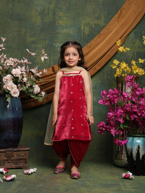 girls-maroon-velvet-kurta-dhoti-set-with-dupatta-festive-traditional-ensemble-saka-designs
