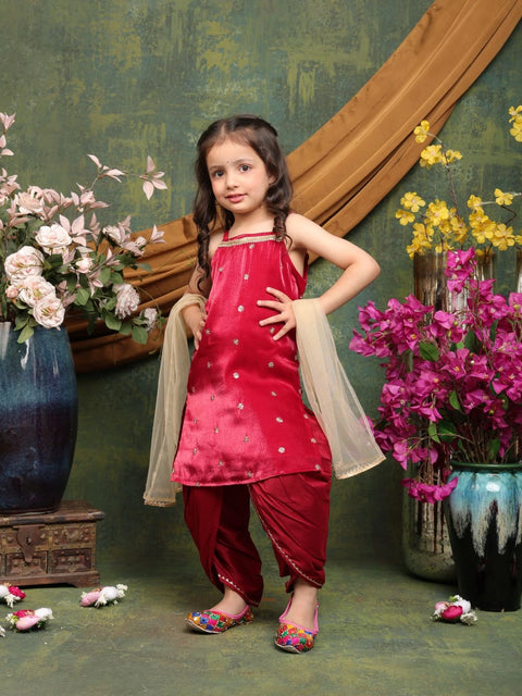 girls-maroon-velvet-kurta-dhoti-set-with-dupatta-festive-traditional-ensemble-saka-designs