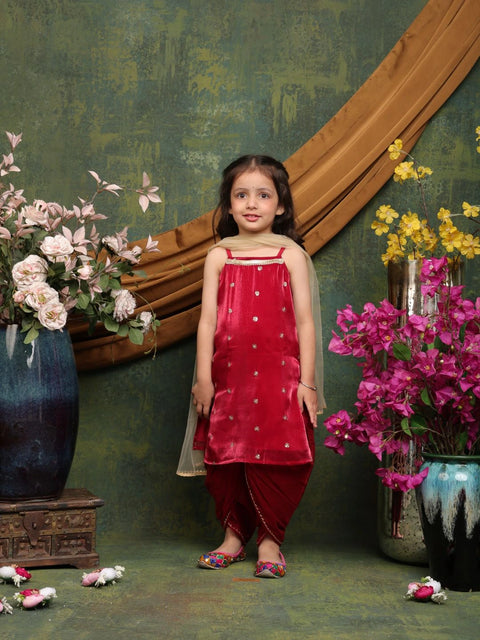girls-maroon-velvet-kurta-dhoti-set-with-dupatta-festive-traditional-ensemble-saka-designs