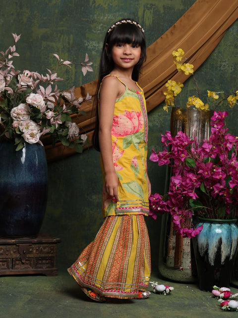 girls-yellow-floral-kurti-with-printed-sharara-festive-cotton-set-saka-designs