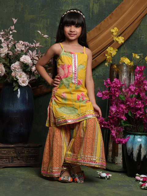 girls-yellow-floral-kurti-with-printed-sharara-festive-cotton-set-saka-designs