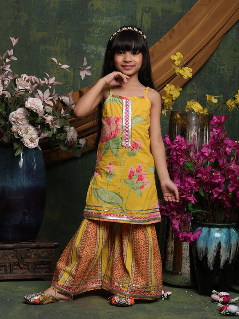 girls-yellow-floral-kurti-with-printed-sharara-festive-cotton-set-saka-designs