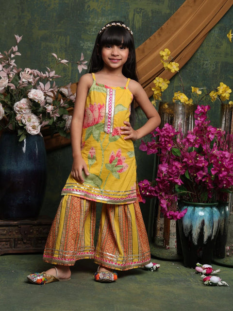 girls-yellow-floral-kurti-with-printed-sharara-festive-cotton-set-saka-designs