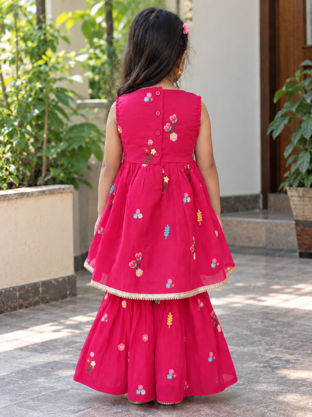 Girls Ethnic Motifs Printed Magenta Regular Kurti And Sharara Set