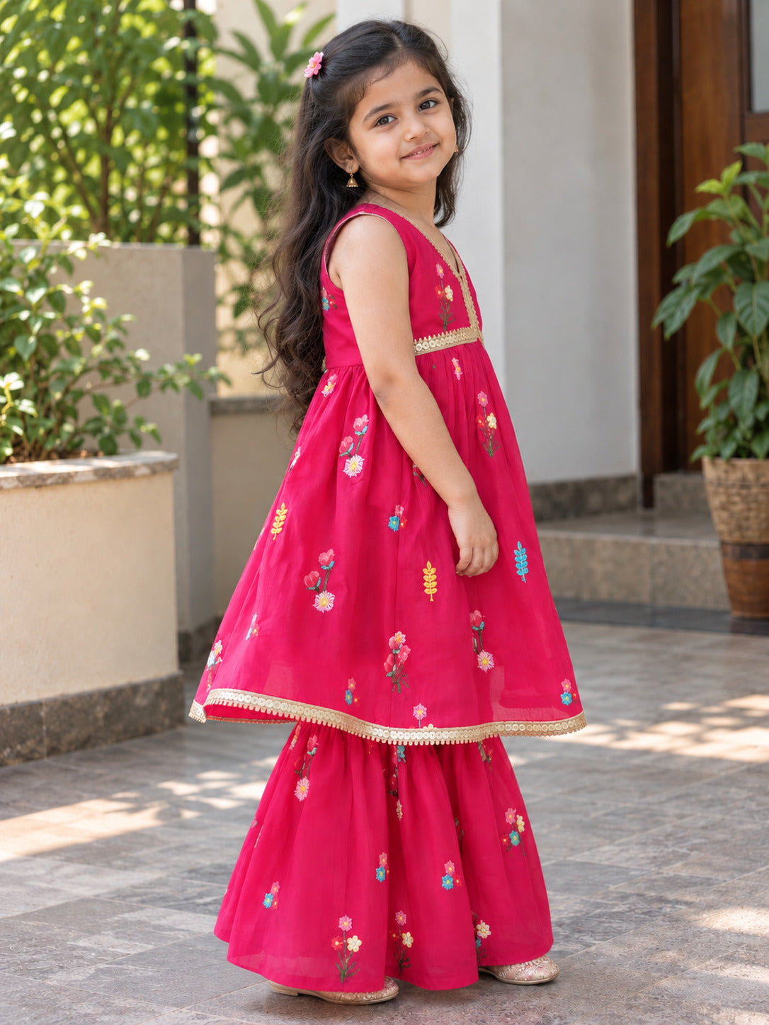 Girls Ethnic Motifs Printed Magenta Regular Kurti And Sharara Set