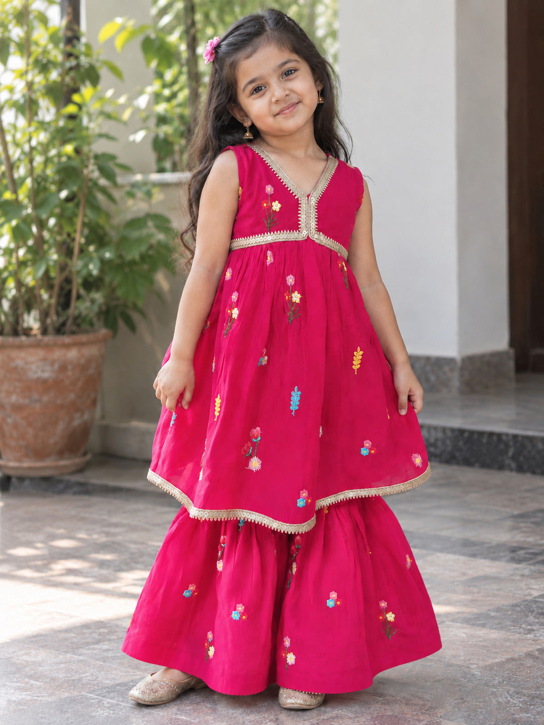 Girls Ethnic Motifs Printed Magenta Regular Kurti And Sharara Set