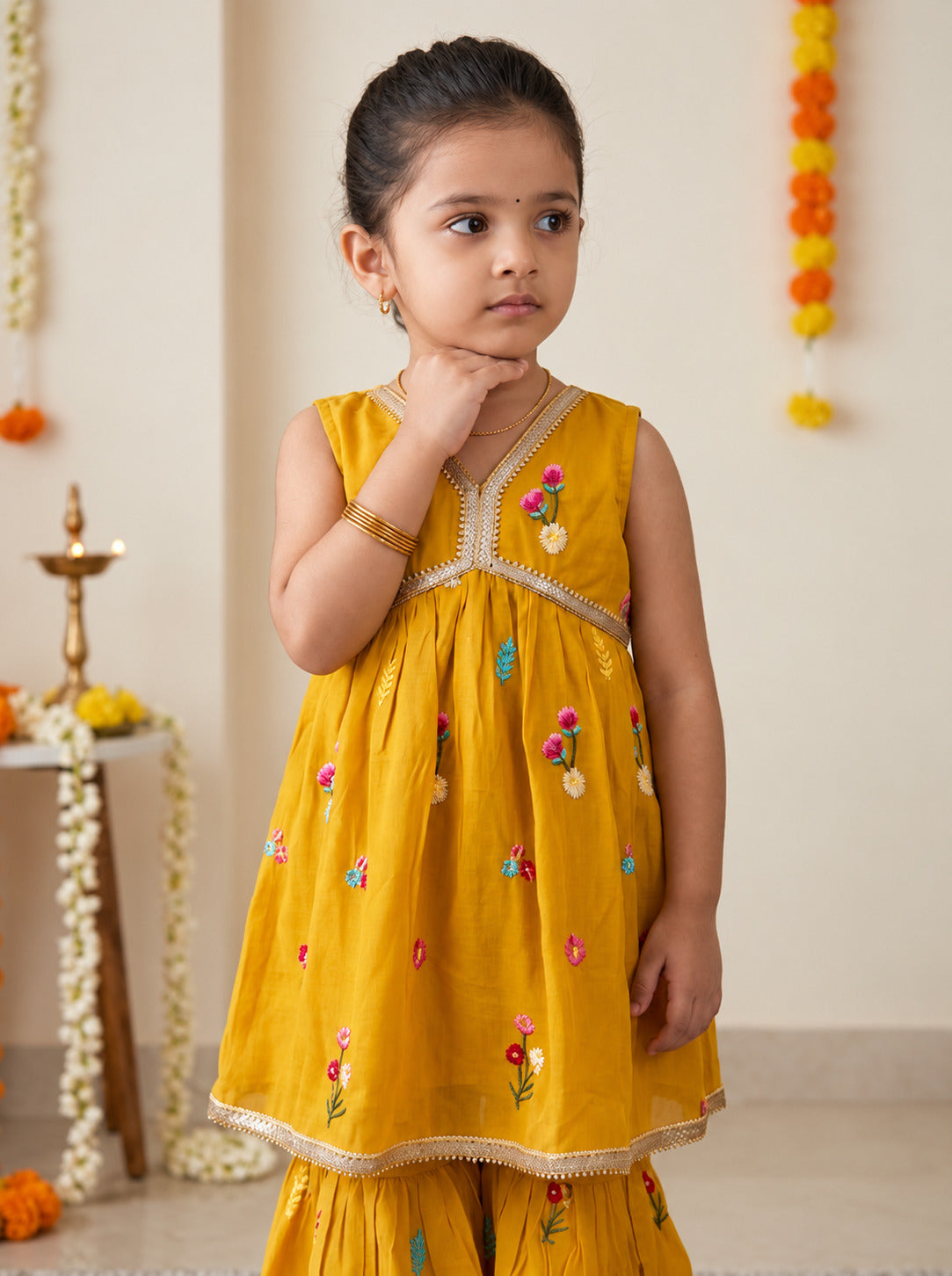 Girls Ethnic Motifs Printed Mustard Regular Kurti And Sharara Set