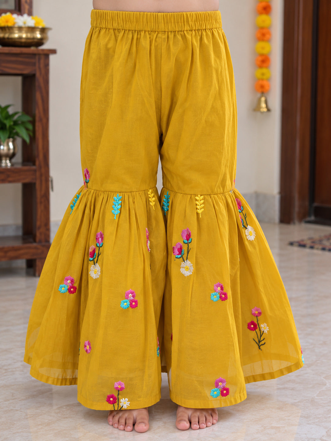 Girls Ethnic Motifs Printed Mustard Regular Kurti And Sharara Set