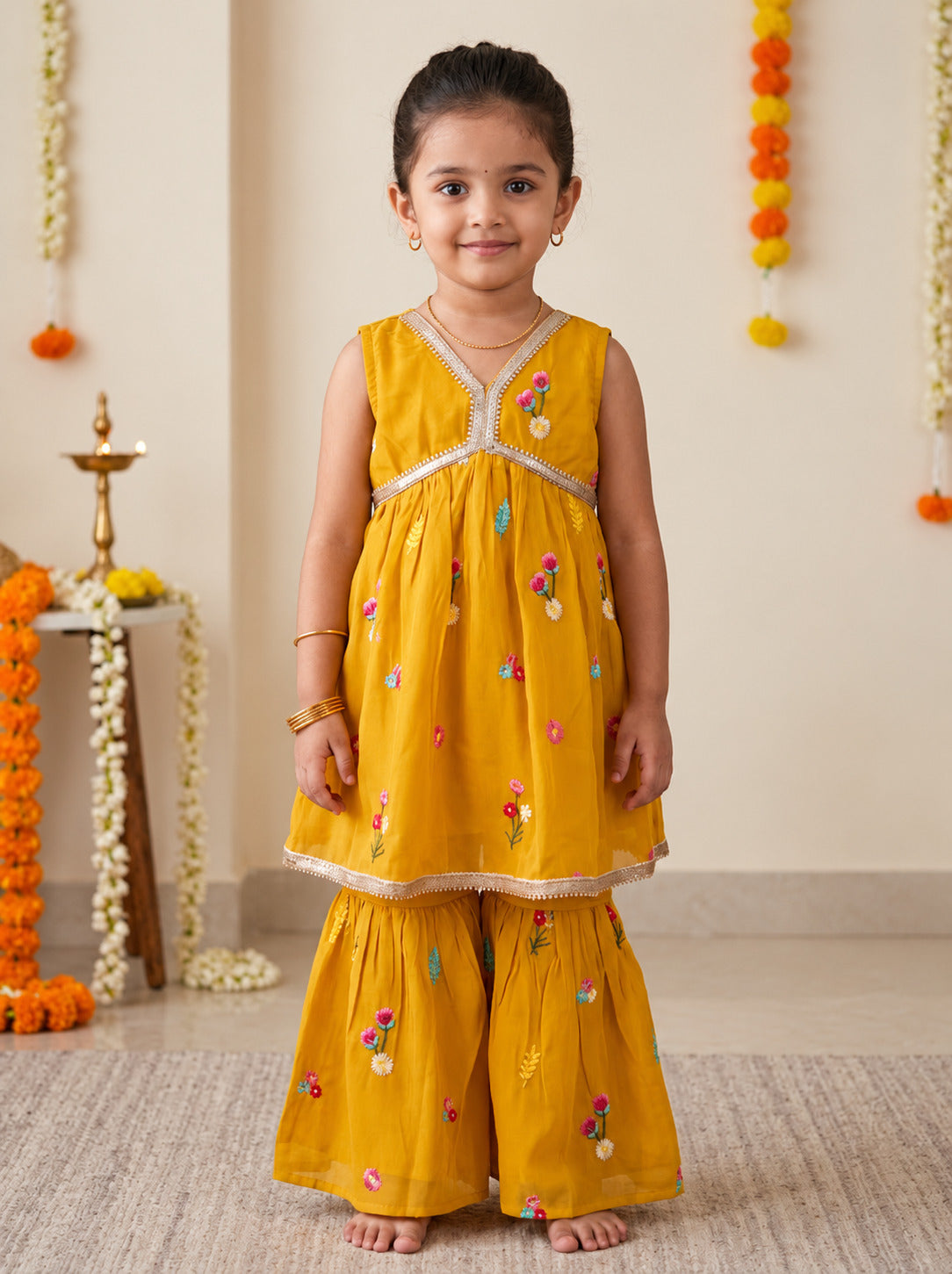 Girls Ethnic Motifs Printed Mustard Regular Kurti And Sharara Set