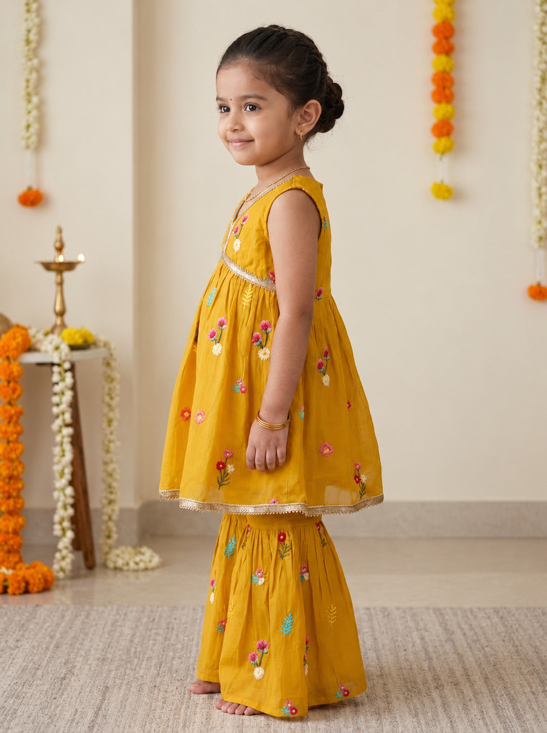 Girls Ethnic Motifs Printed Mustard Regular Kurti And Sharara Set
