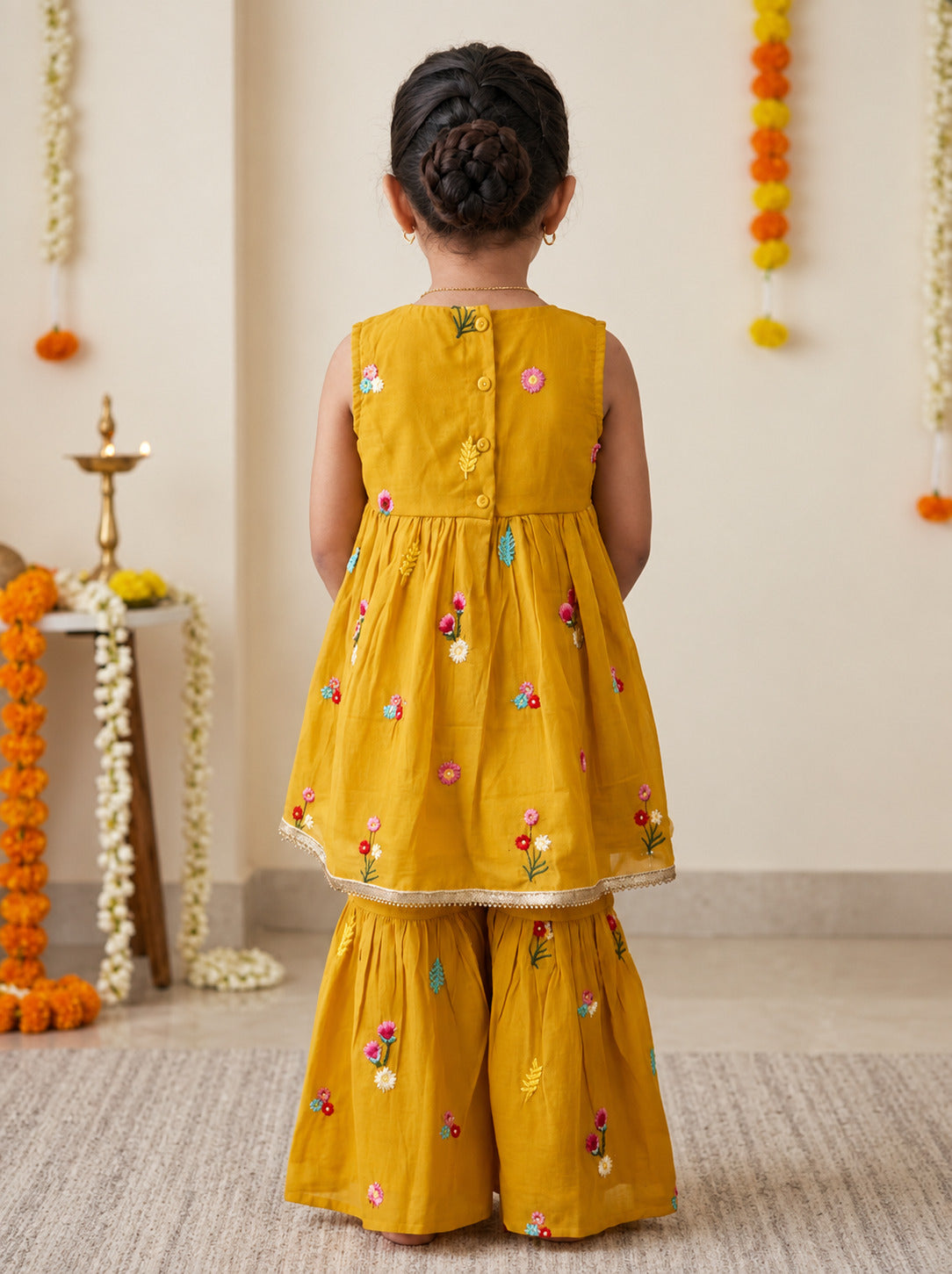 Girls Ethnic Motifs Printed Mustard Regular Kurti And Sharara Set