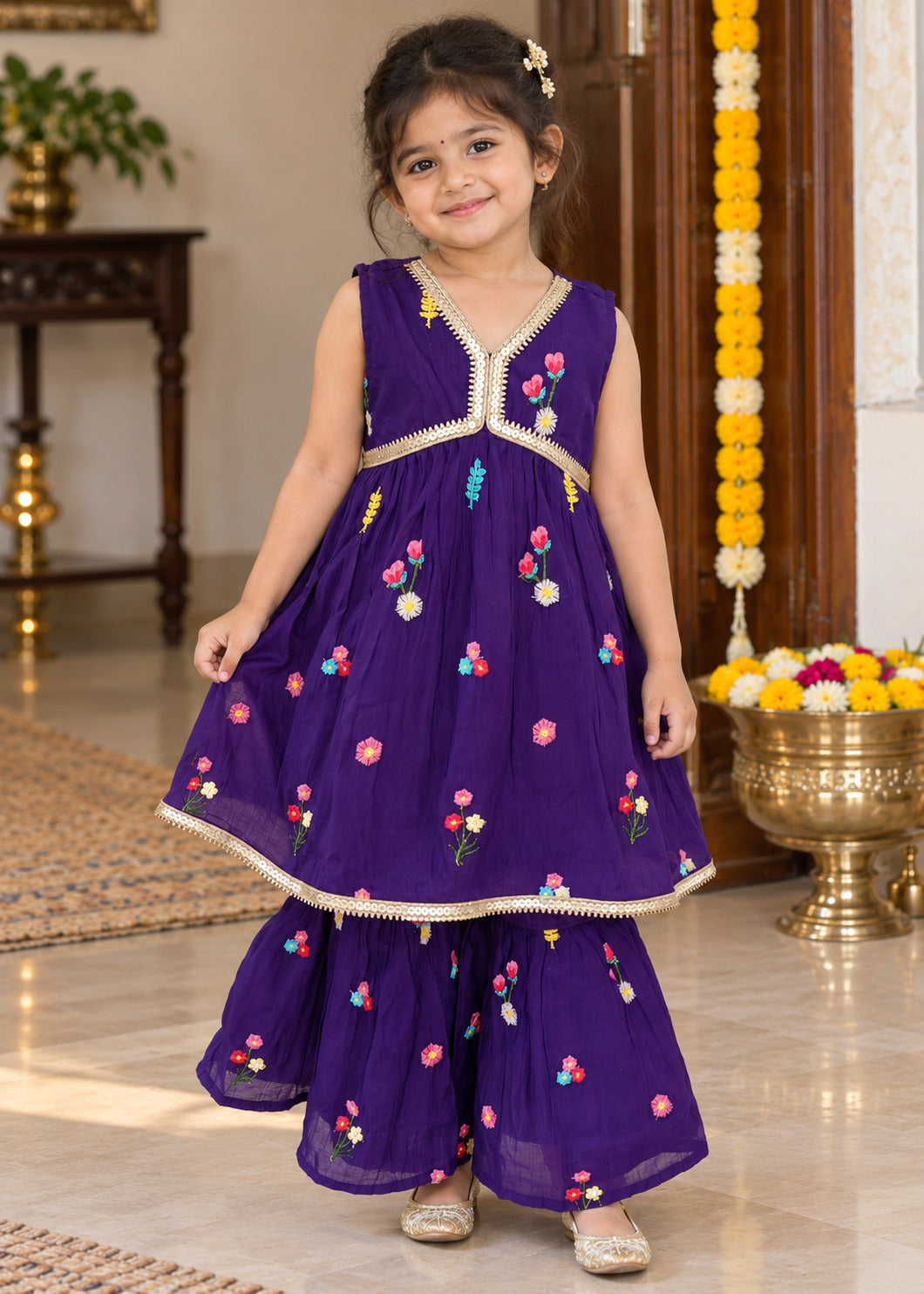 Girls Ethnic Motifs Printed Purple Regular Kurti And Sharara Set