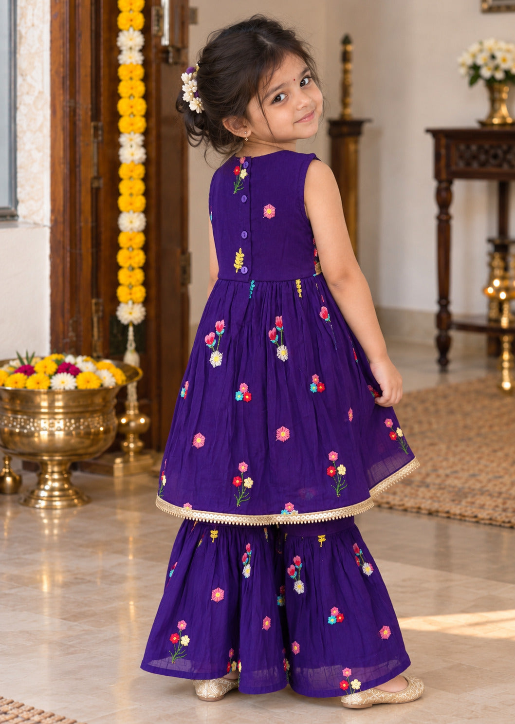 Girls Ethnic Motifs Printed Purple Regular Kurti And Sharara Set