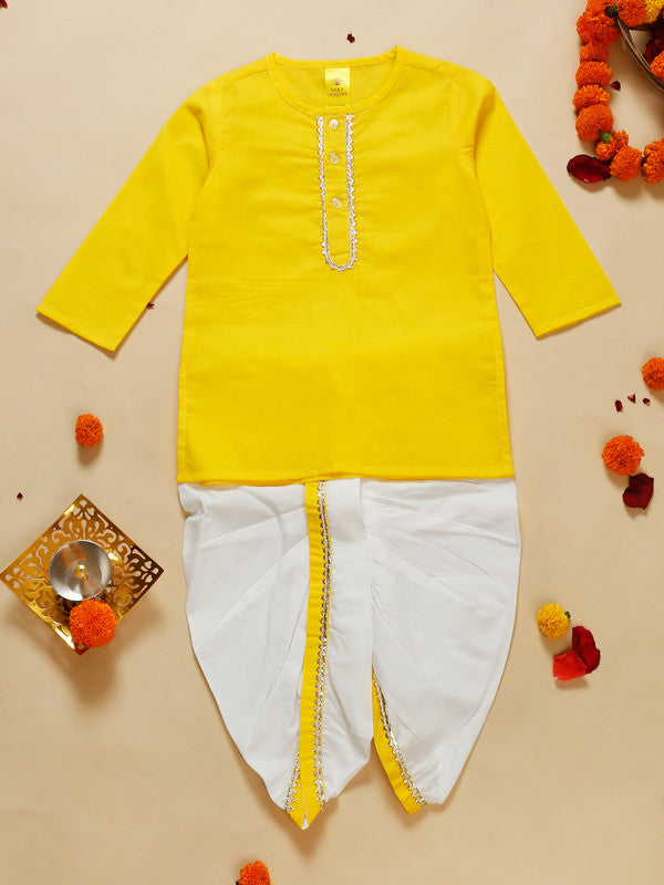 Yellow and white cotton kurta dhoti set for boys, festive ethnic wear by Saka Designs
