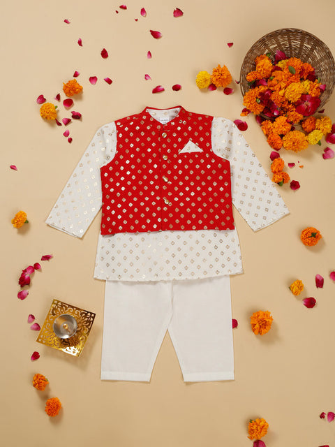 Saka Designs Foil Printed White Kurta Pajama With With Red Jacket Set For Boys