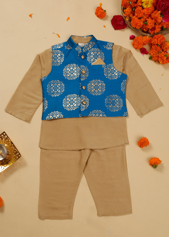 Beige kurta pyjama with blue printed jacket set for boys, festive ethnic wear by Saka Designs