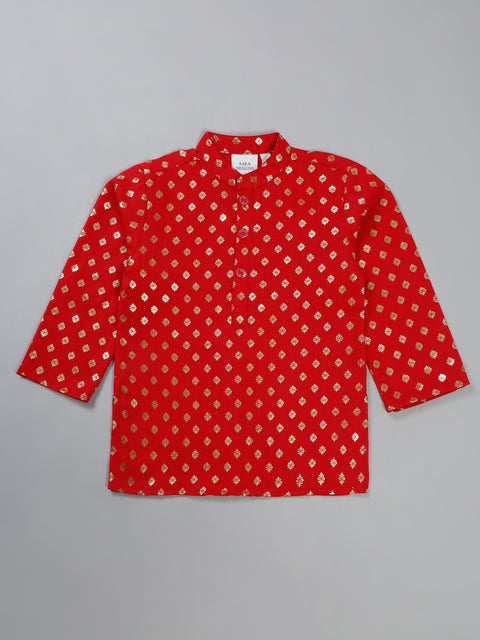 Saka Designs Boy's Foil Printed Kurta & Pyjamas - Red & Beige
