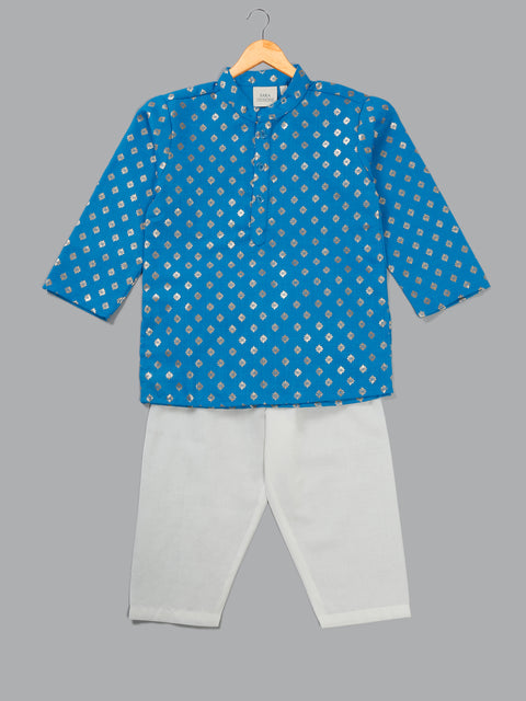 Saka Designs Boy's Foil Printed Kurta & Pyjamas - Blue & White