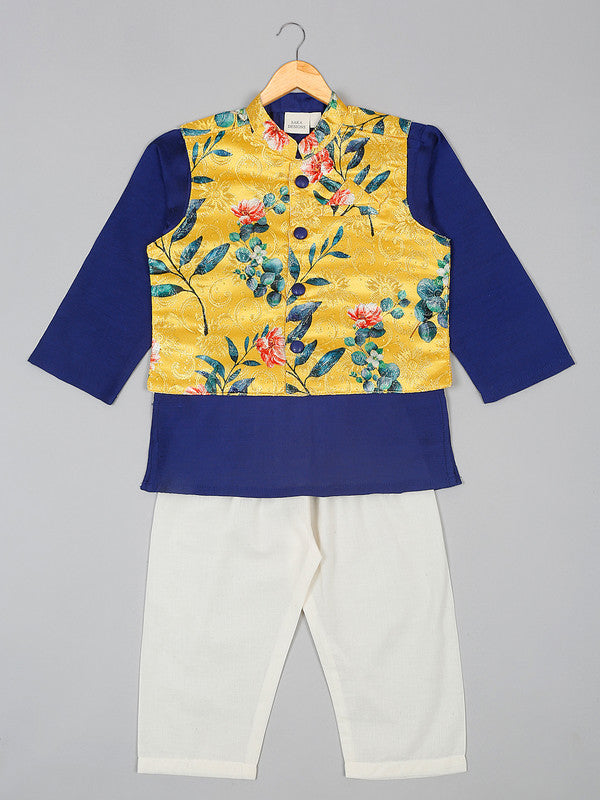 saka-designs-boys-navy-cotton-kurta-pajama-with-yellow-silk-jacket-set