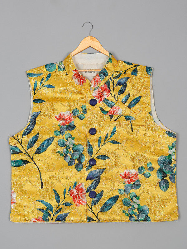 saka-designs-boys-navy-cotton-kurta-pajama-with-yellow-silk-jacket-set