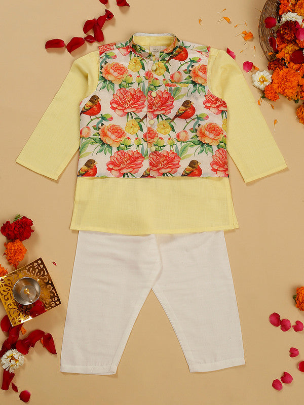 saka-designs-boys-cotton-yellow-kurta-pajamas-with-printed-poly-chanderi-jacket-set