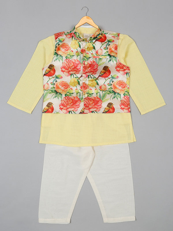 saka-designs-boys-cotton-yellow-kurta-pajamas-with-printed-poly-chanderi-jacket-set