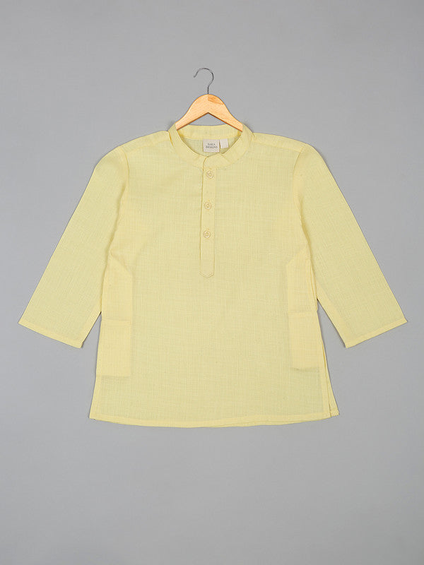 saka-designs-boys-cotton-yellow-kurta-pajamas-with-printed-poly-chanderi-jacket-set