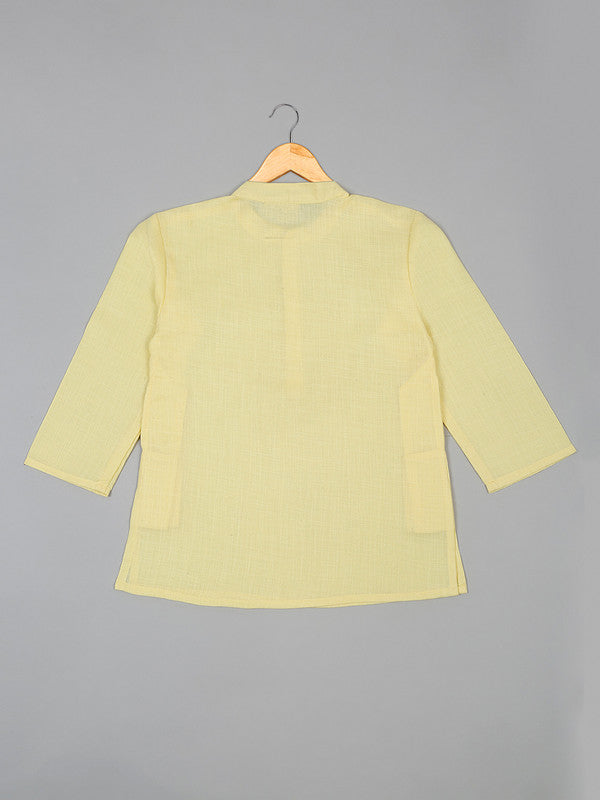 saka-designs-boys-cotton-yellow-kurta-pajamas-with-printed-poly-chanderi-jacket-set