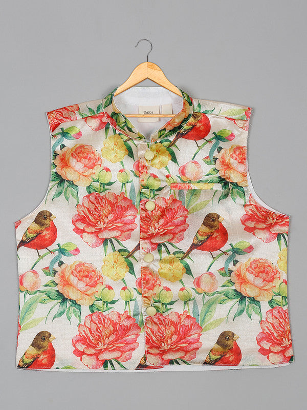 saka-designs-boys-cotton-yellow-kurta-pajamas-with-printed-poly-chanderi-jacket-set