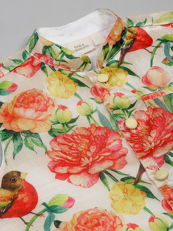 saka-designs-boys-cotton-yellow-kurta-pajamas-with-printed-poly-chanderi-jacket-set