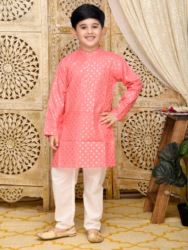 Yellow and gold foil printed kurta pyjama set for boys, Diwali festive wear by Saka Designs