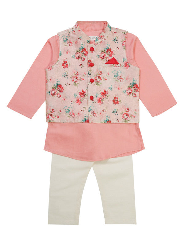 Pink kurta pyjama set with floral printed jacket for boys, festive ethnic wear by Saka Designs