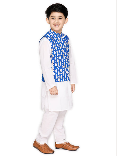 Saka Designs Boy's Fish Printed 100% Cotton Jacket with Kurta & Pyjamas - Blue & White