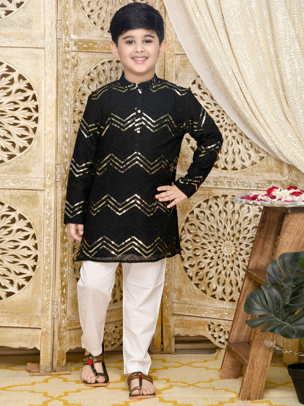 Black embroidered kurta with pyjama set for boys, festive and wedding wear by Saka Designs