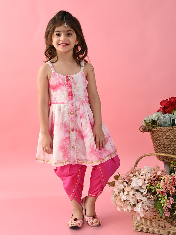 Pink & White Girls Tie & Dye Jhabla And Dhoti