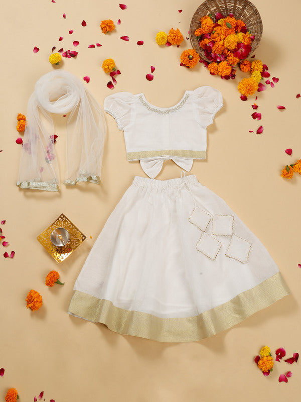 White & Gold Girls Lehenga Choli with Dupatta