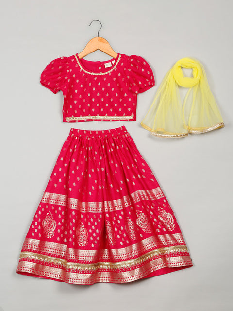 saka-designs-golden-foil-printed-rayon-magenta-lehenga-choli-with-dupatta
