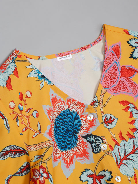 Saka Designs Mustard Printed Top & Shorts Set For Girls