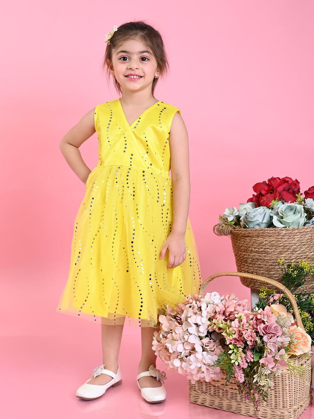 Saka Designs Girls Printed Party Frock - Yellow
